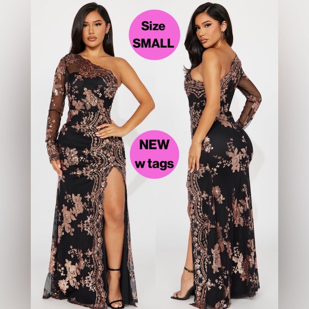 NEW w TAGS 🏷️  FASHION NOVA Black, Rose Gold One Shoulder Gown (Small)